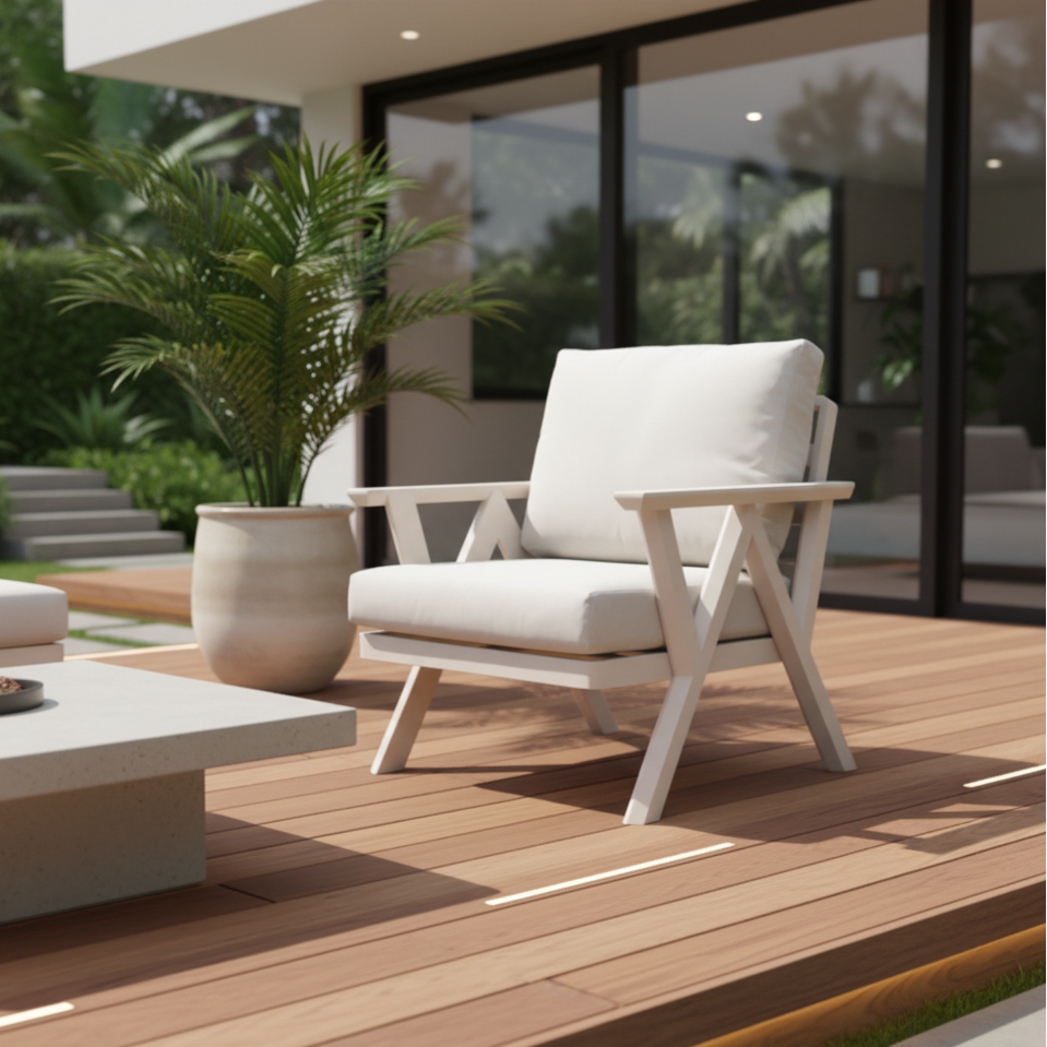 Modern outdoor chair on hardwood deck
